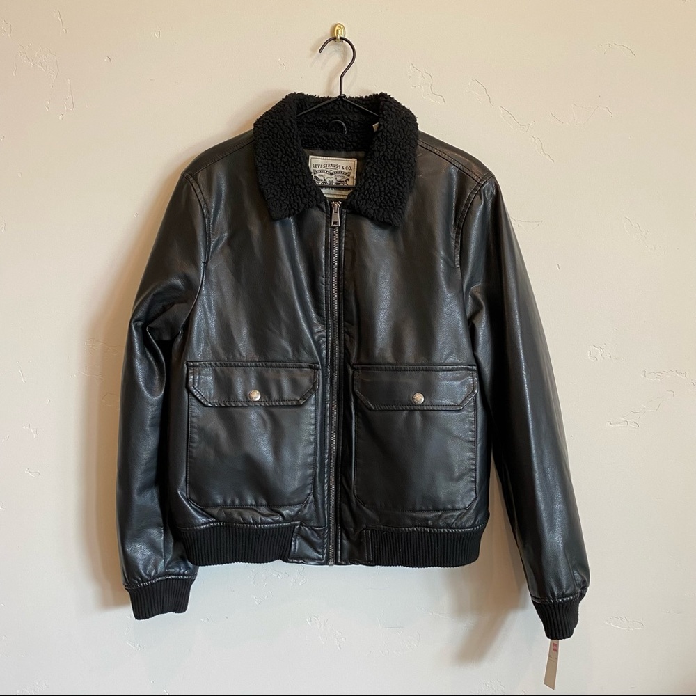 LEVI’S Black Faux Leather Sherpa Lined Bomber Jacket Coat